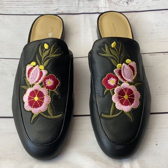 Marc Fisher Women Black Floral Embroidered Mules - 8.5 - Picture 2 of 10